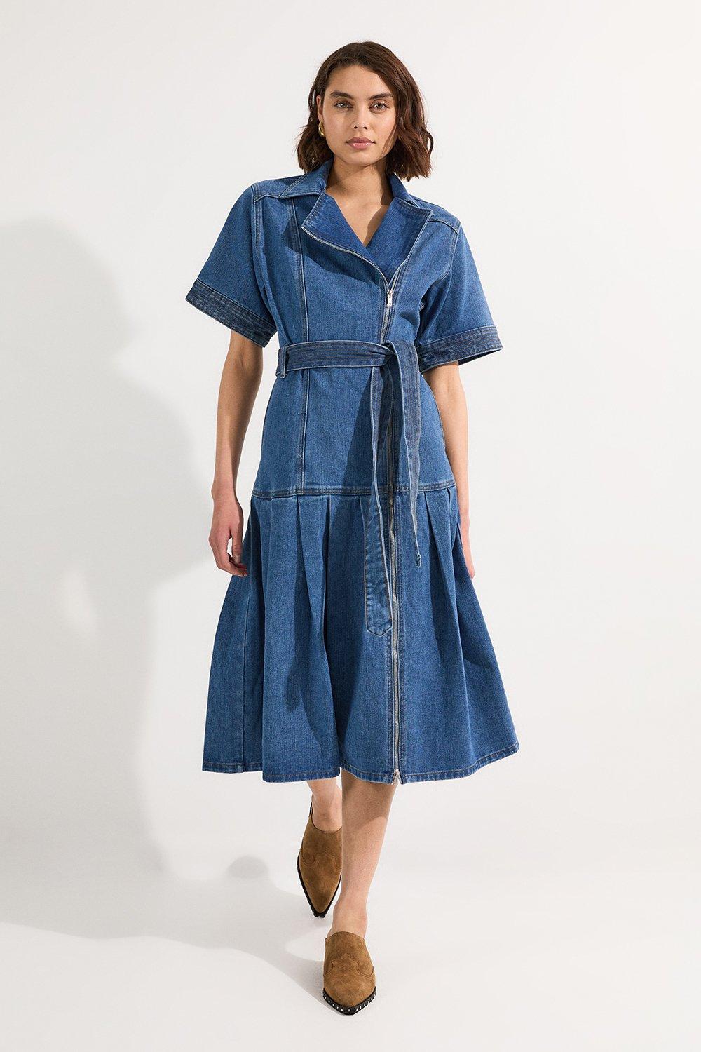 Button Through Long Sleeve Denim Midi Dress | Karen Millen